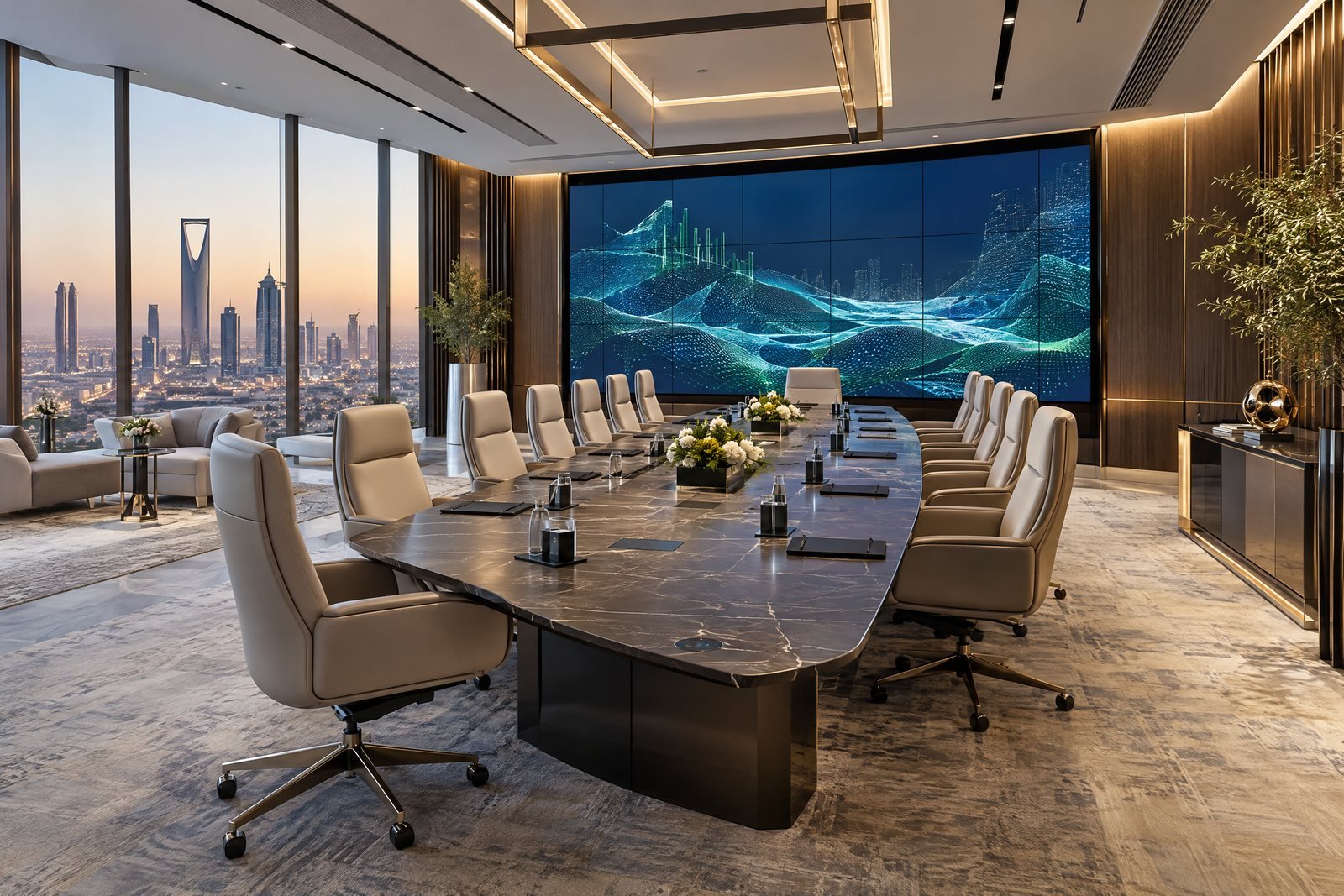 Modern meeting and command space with an LED video wall